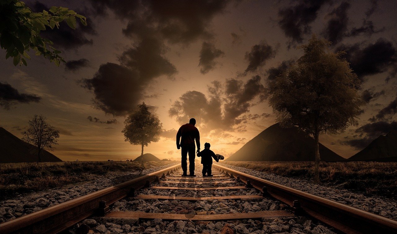 services-10 father and son, walking, nature, railway, railroad, gravel, silhouettes, sunset, family, dusk, twilight, walking together, parent, fatherhood, parenthood, love, child, joy, childhood, father, boy, kid, together, railroad tracks, adventure